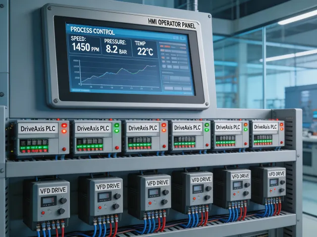 DriveAxis industrial automation control panel with PLC modules and VFD drives